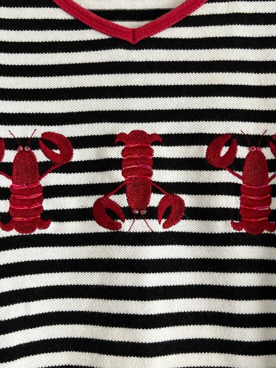 Striped Nautical Lobster Embroidered Top Black & White 3/4 Sleeve Size M/L - Picture 3 of 6